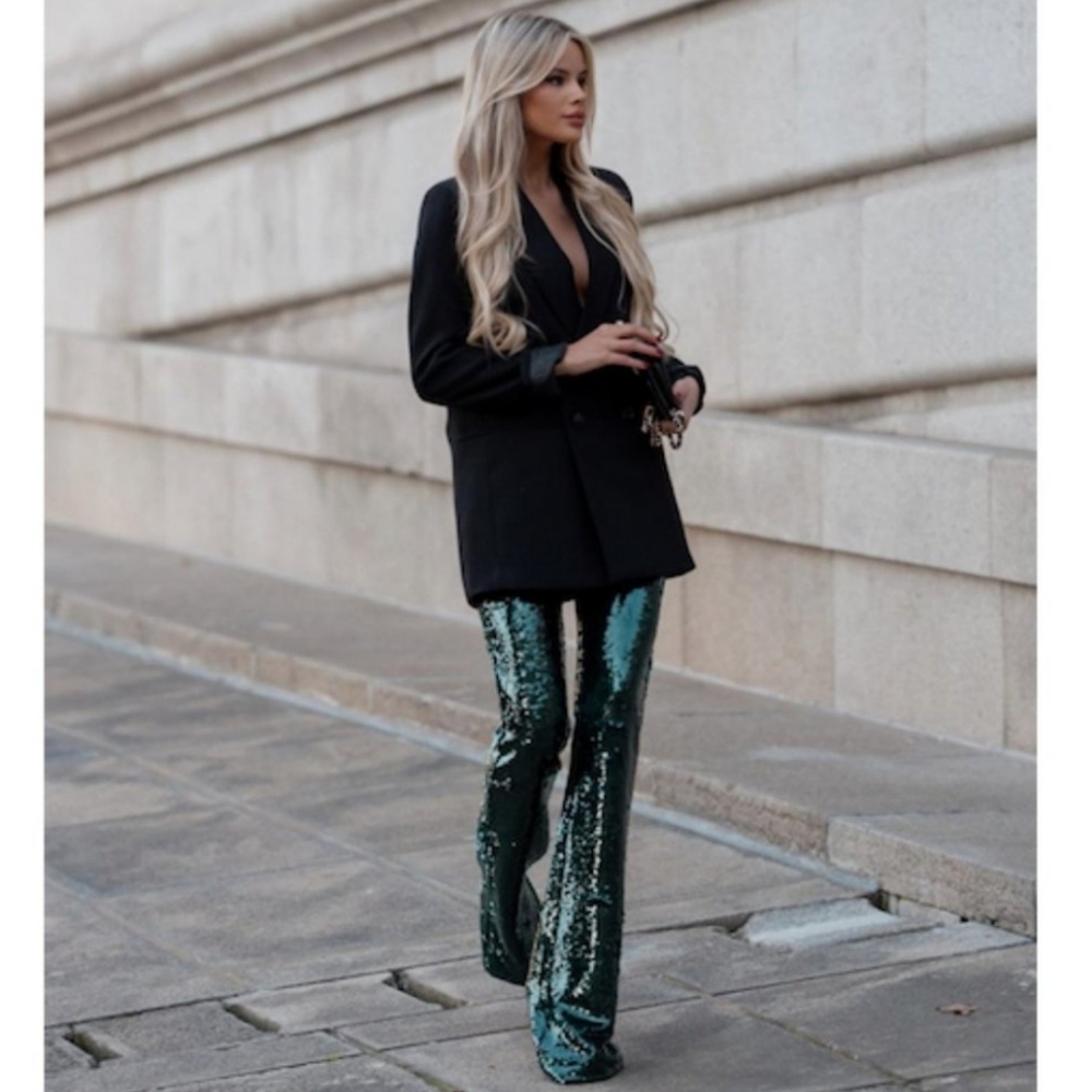ZARA FLARED HIGH WAISTED GREEN SEQUIN PANTS SIZE M - Picture 2 of 16